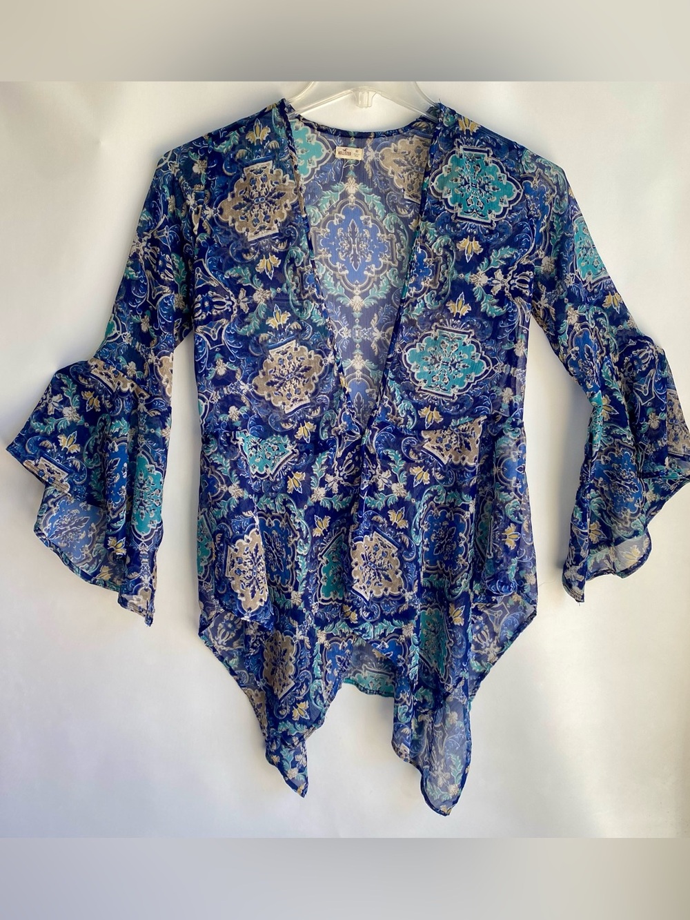 Hollister Y2K sheer bell sleeve handkerchief hem printed kimono wrap cover up XS
